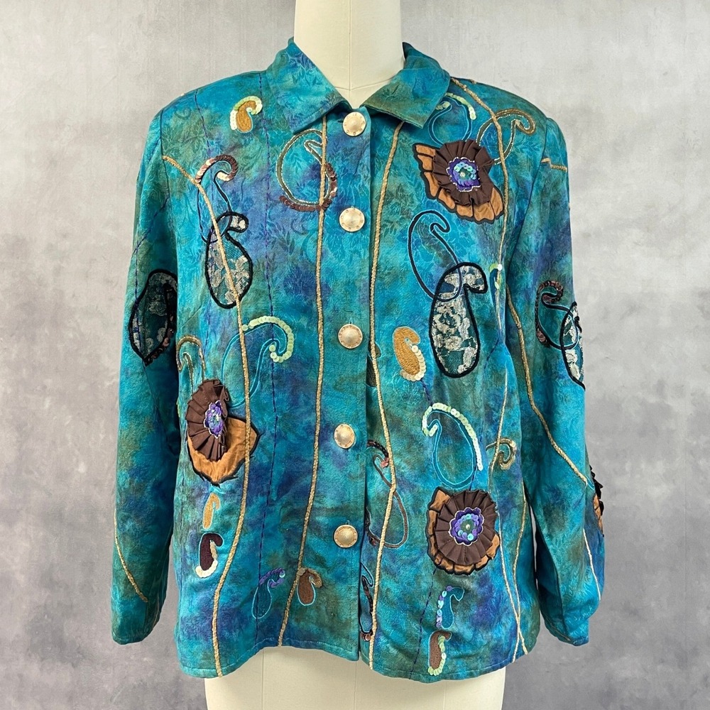Indigo Moon Womens Jacket Size L/XL Embroidered Sequin Applique Art To Wear Boho